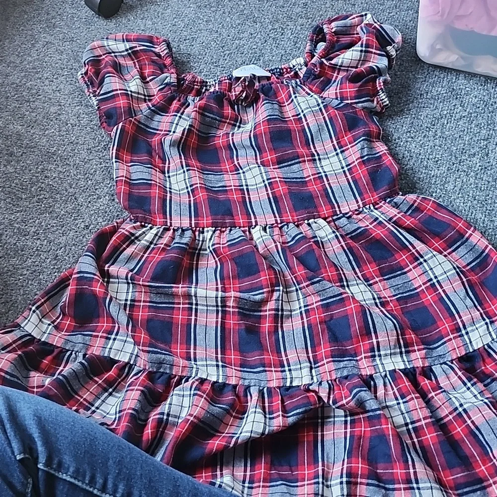 Girls Plaid Twill Tiered Dress - Ruby - Picture 1 of 4